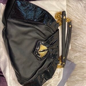 Jenny Bird Black Clutch with Gold Hardware and Textured Panel
